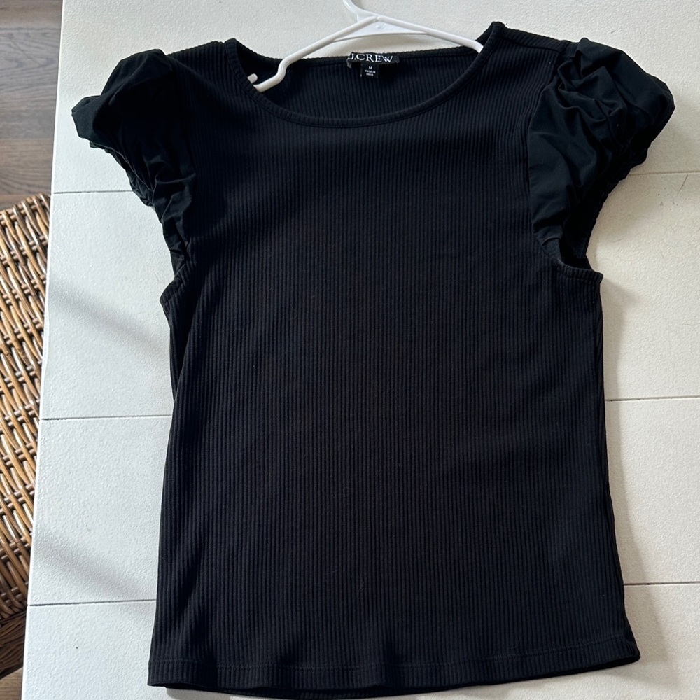 J. Crew Black Ribbed Puff Sleeve Top